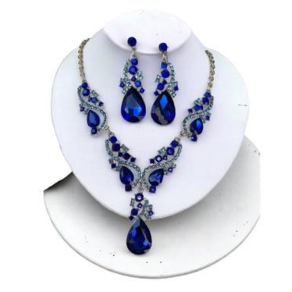 Blue Rhinestone Necklace Earrings Set Statement Wedding Bridal Prom Jewelry Sets